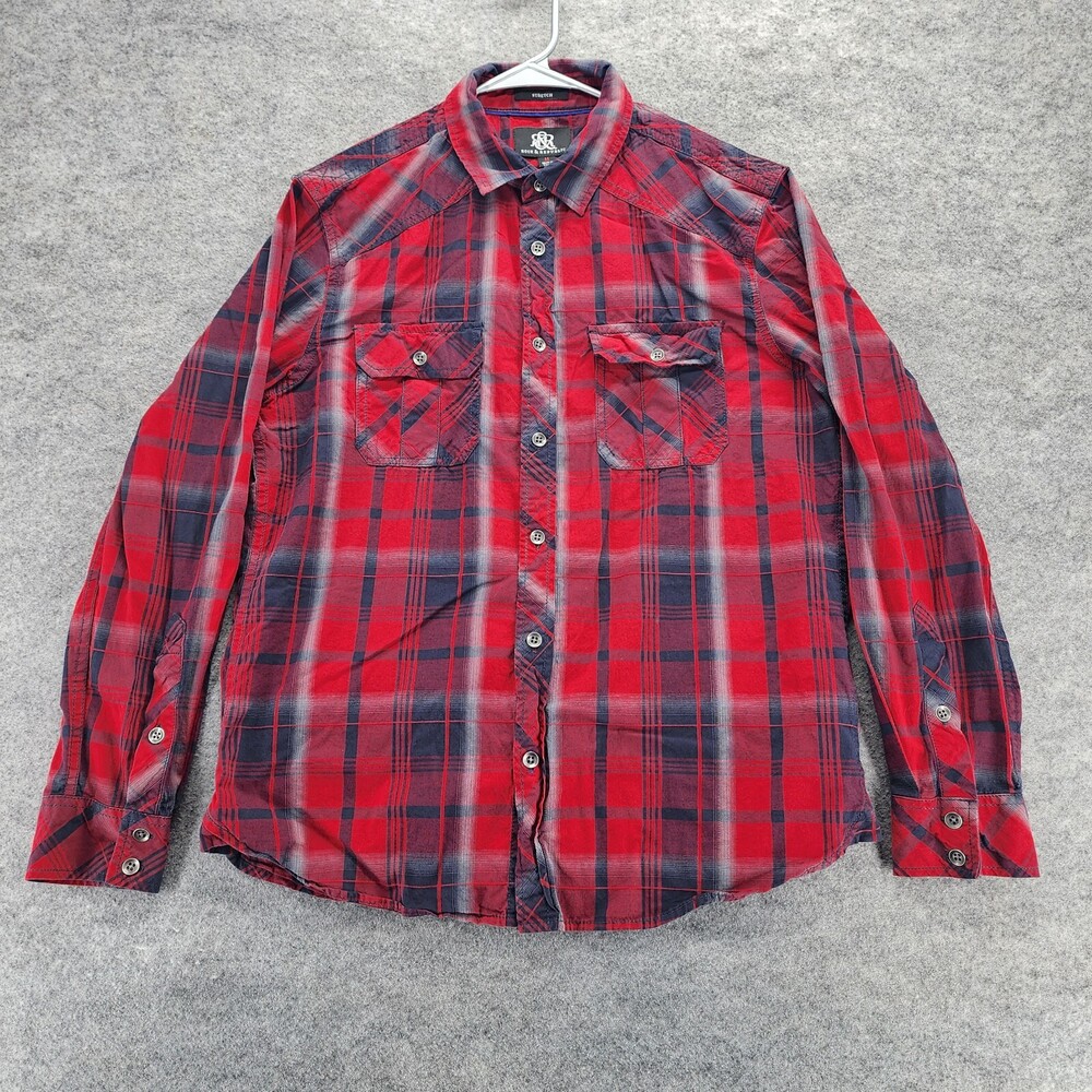 Rock Republic Shirt Mens Medium Button Up Roll Tab Sleeve Red Plaid